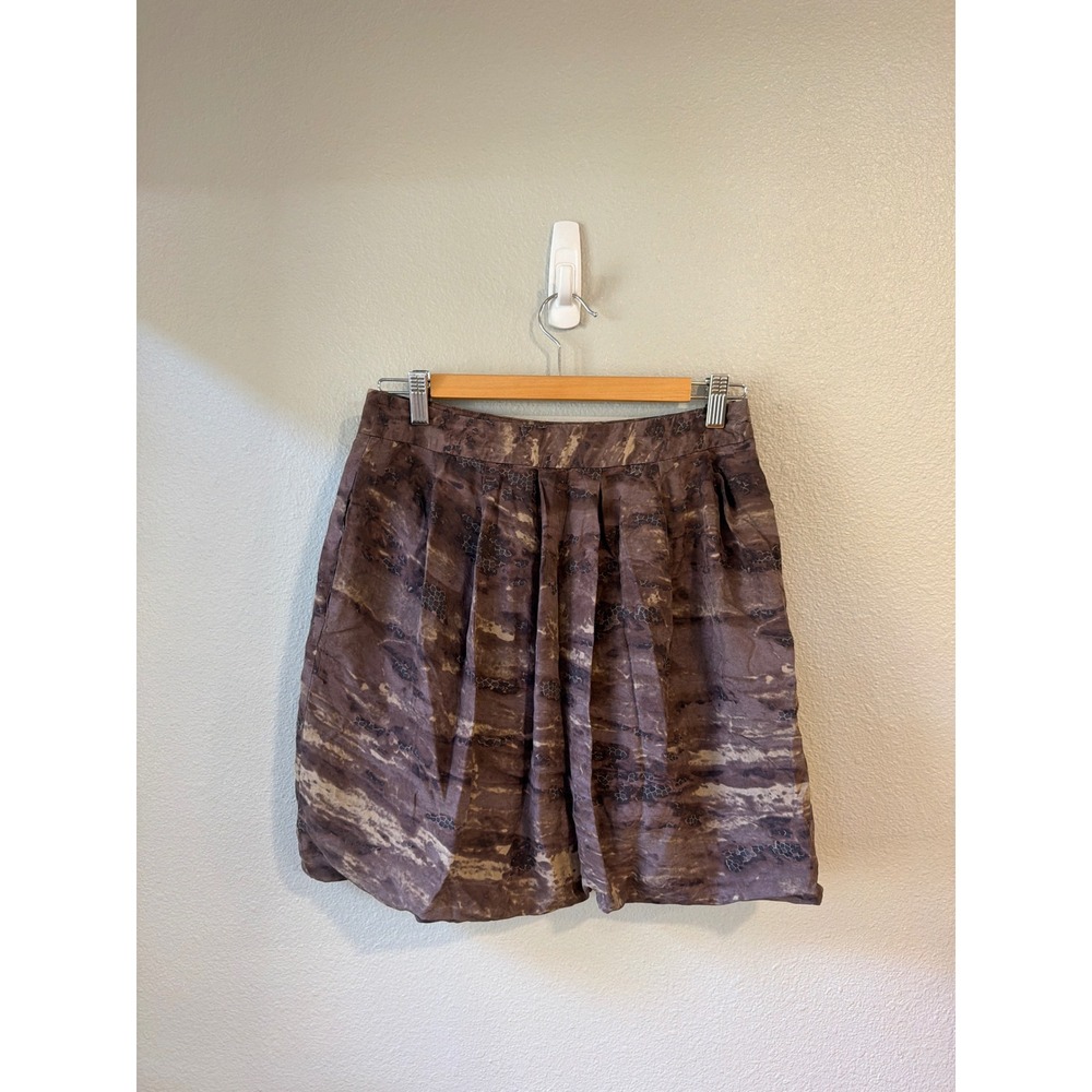 Silk Mini Skirt Womens Size 4 Brown Abstract‎ Pleated Pocketed Bubble Hem Jigsaw